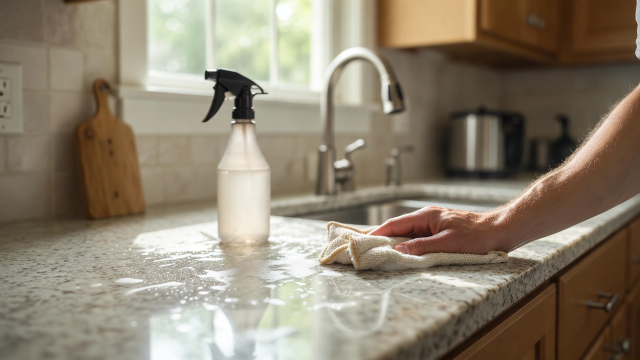 Cleaning a granite countertop with mild dish soap and a soft cloth