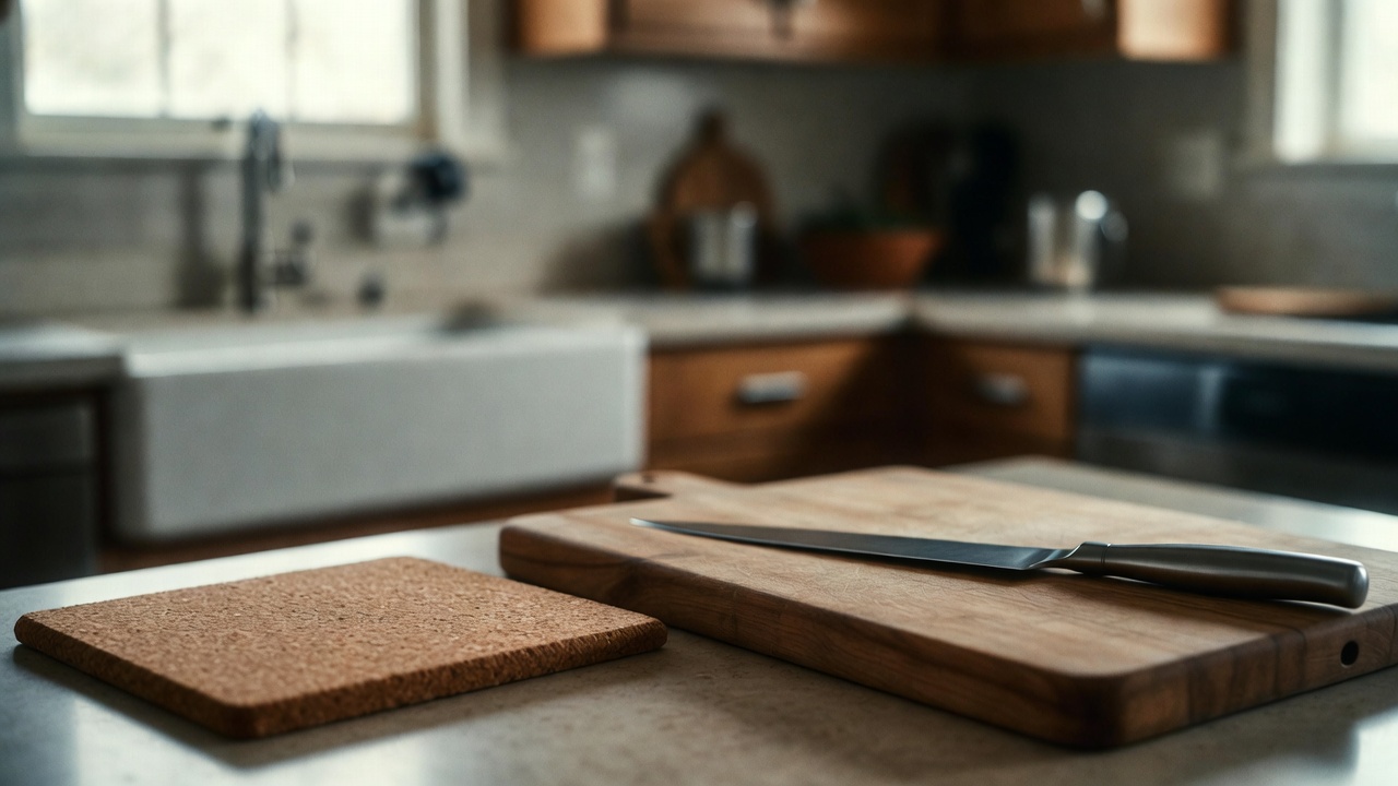 A cutting board and a trivet on a stone countertop, protecting the surface