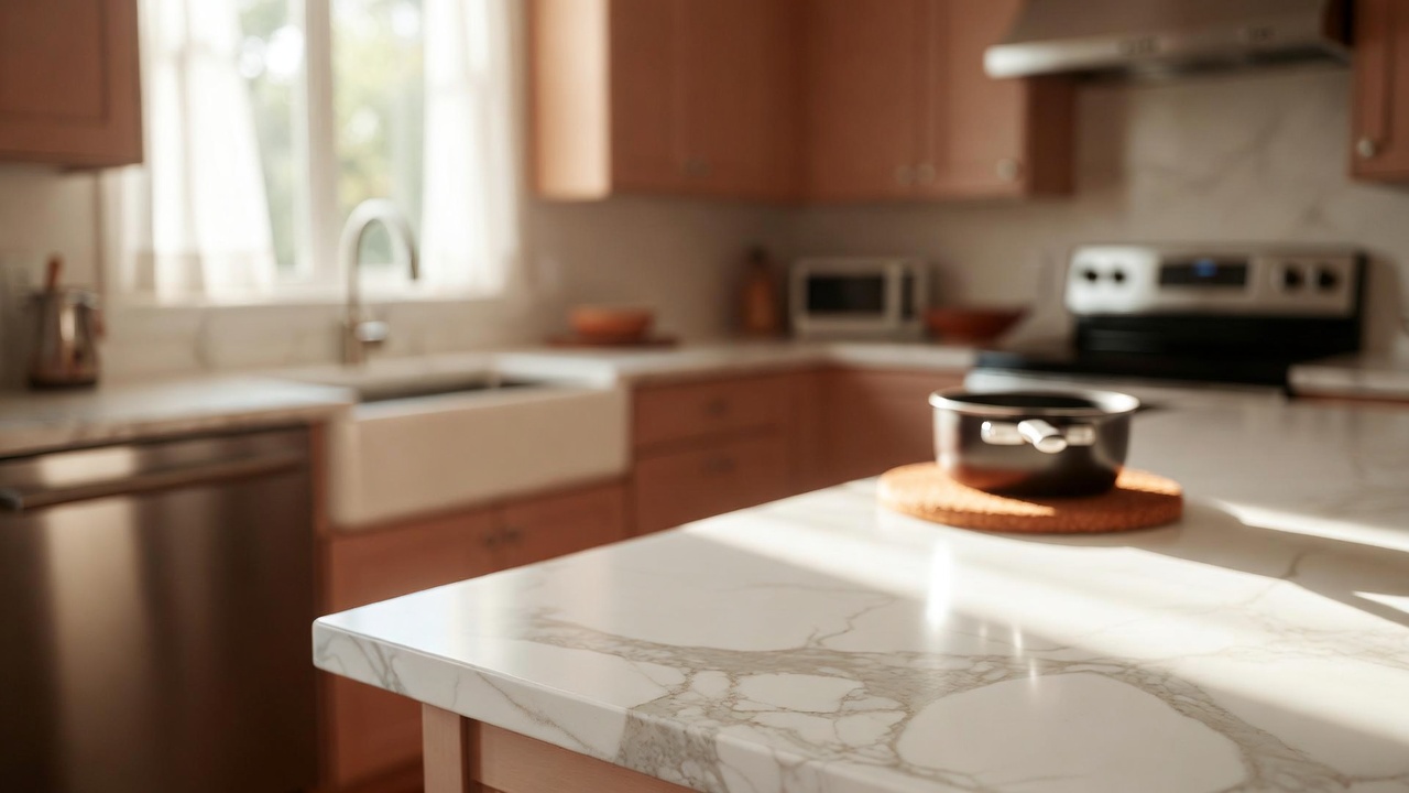 A quartz countertop with a pot resting on a trivet to protect it from heat