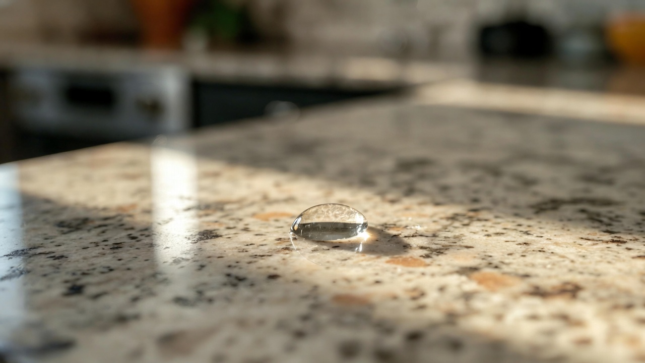 A drop of water beading on a sealed granite countertop, the reseal test
