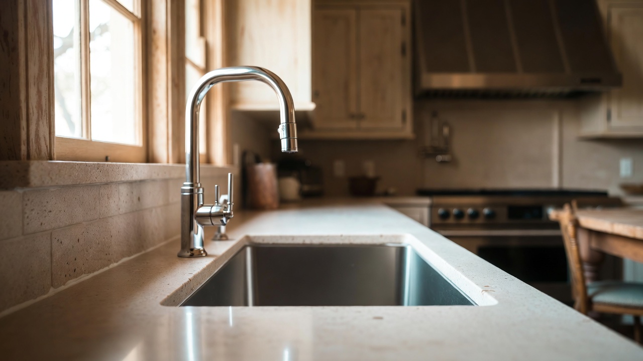 An undermount stainless sink set cleanly into a stone countertop